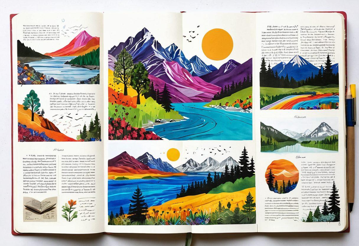 A visually captivating collage of various journals opened to different pages, each showcasing vibrant hand-written notes and colorful sketches. In the background, a serene nature scene symbolizing personal growth with elements like trees, mountains, and a flowing river. Include subtle hints of creativity like paintbrushes and quills scattered around. The overall ambiance should evoke inspiration and reflection. super-realistic. vibrant colors. 3D.