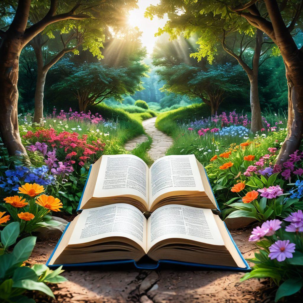 A serene scene featuring an open book with glowing pages, surrounded by lush foliage and vibrant flowers symbolizing growth. In the background, a winding path leads through a beautiful landscape, suggesting a transformative journey. A gentle light filters through the trees, creating a magical atmosphere. whimsical illustration. vibrant colors. natural setting.