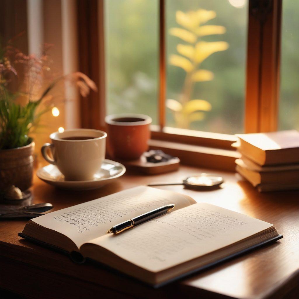A serene desk scene featuring an open diary with handwritten entries, surrounded by cozy elements like a steaming cup of tea, a quill pen, and soft warm lighting. In the background, there are glimpses of nature through a window, symbolizing inspiration and reflection. Add a gentle touch of whimsical illustrations like swirling thoughts transitioning into narrative lines flowing out of the diary pages. vibrant colors. soft focus. warm lighting.